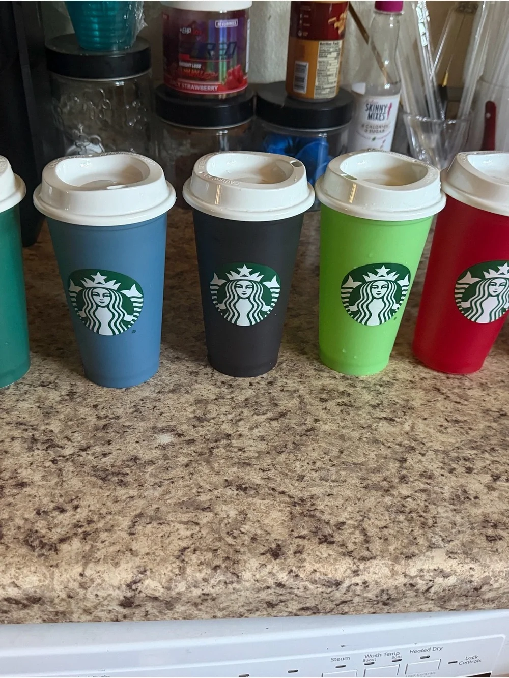 Starbucks Red and Gray Reusable Cups with White Lids